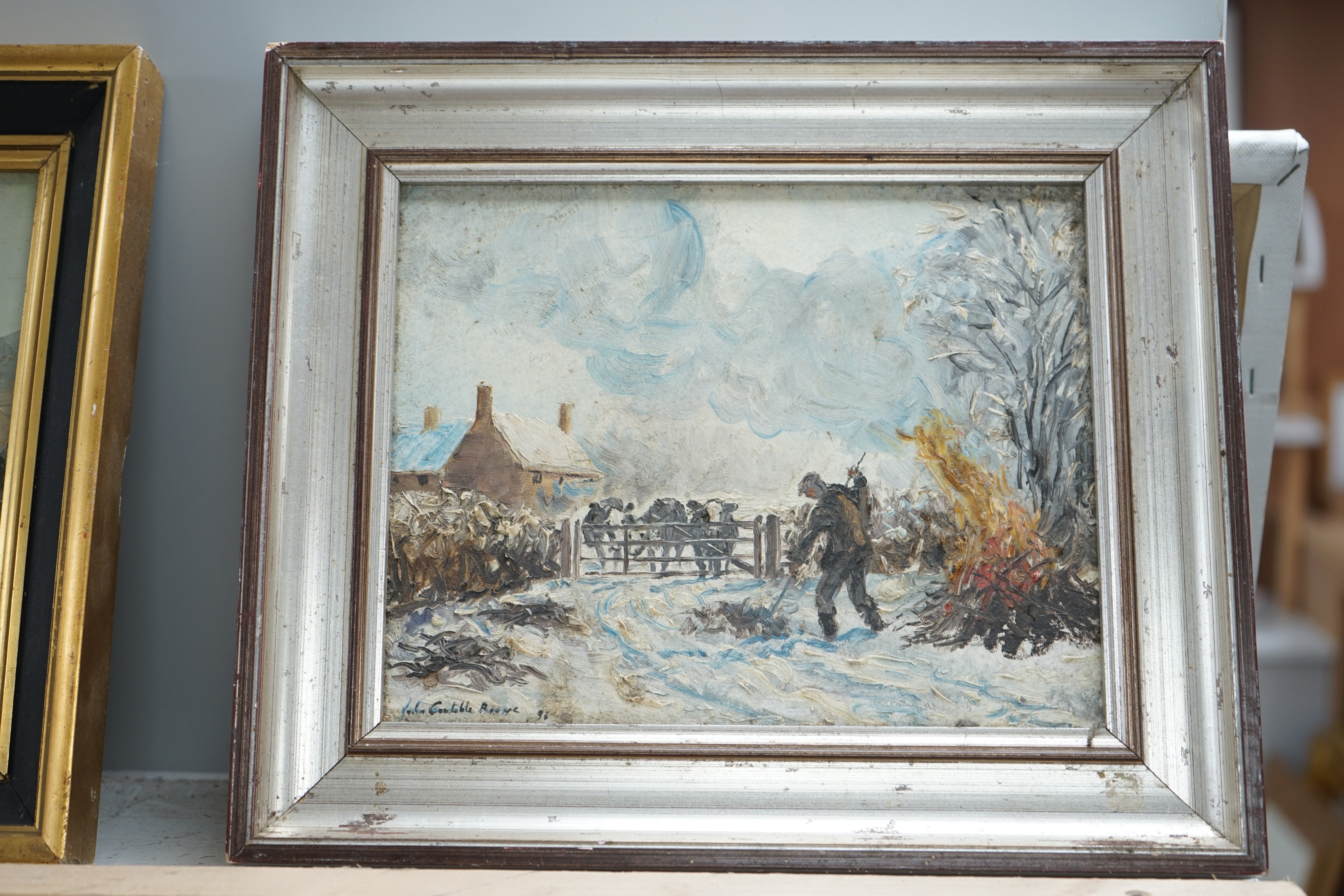 Impasto oil on board, Winter scene with bonfire, indistinctly signed John Con…? and dated '96, 18.5 x 24cm. Condition - fair, would benefit from a clean